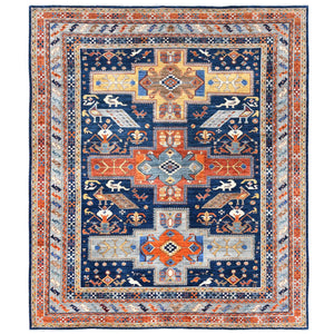 8'4"x9'7" Navy Blue, Natural Dyes Densely Woven, Natural Wool Hand Knotted, Armenian Inspired Caucasian Design with Bird Figurines 200 KPSI, Oriental Rug FWR492180