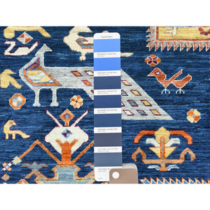 8'4"x9'7" Navy Blue, Natural Dyes Densely Woven, Natural Wool Hand Knotted, Armenian Inspired Caucasian Design with Bird Figurines 200 KPSI, Oriental Rug FWR492180