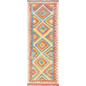 2'9"x7'10" Colorful, Afghan Kilim with Geometric Design Vegetable Dyes, Flat Weave Pure Wool, Hand Woven Reversible, Runner Oriental Rug FWR493086