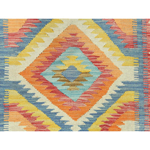 2'9"x7'10" Colorful, Afghan Kilim with Geometric Design Vegetable Dyes, Flat Weave Pure Wool, Hand Woven Reversible, Runner Oriental Rug FWR493086