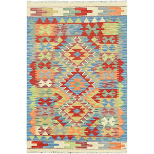 3'3"x5' Colorful, Afghan Kilim with Geometric Design Natural Dyes, Flat Weave Natural Wool, Hand Woven Reversible, Oriental Rug FWR493260