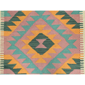 3'9"x6' Colorful, Hand Woven Afghan Kilim with Geometric Design, Vegetable Dyes Flat Weave, Soft Wool Reversible, Oriental Rug FWR493362