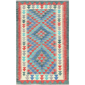 3'8"x5'10" Colorful, Flat Weave Extra Soft Wool, Hand Woven Afghan Kilim with Geometric Design, Vegetable Dyes Reversible, Oriental Rug FWR493398