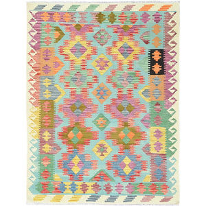 5'x6'7" Colorful, Hand Woven Afghan Kilim with Geometric Design, Natural Dyes Flat Weave, Extra Soft Wool Reversible, Oriental Rug FWR493428