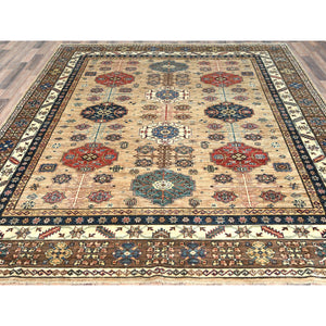 8'x9'9" Wheat Color, Dense Weave Soft Wool, Hand Knotted Afghan Super Kazak with Geometric Design, Vegetable Dyes, Oriental Rug FWR493662