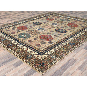 8'x9'9" Wheat Color, Dense Weave Soft Wool, Hand Knotted Afghan Super Kazak with Geometric Design, Vegetable Dyes, Oriental Rug FWR493662