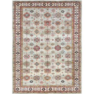 10'x13'6" Light Gray, Afghan Super Kazak with Geometric Medallions, Natural Dyes Densely Woven, Extra Soft Wool Hand Knotted, Oriental Rug FWR493668