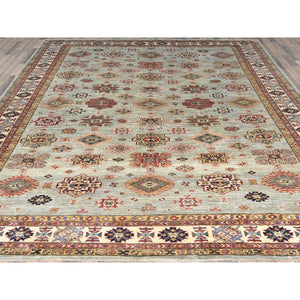 10'x13'6" Light Gray, Afghan Super Kazak with Geometric Medallions, Natural Dyes Densely Woven, Extra Soft Wool Hand Knotted, Oriental Rug FWR493668