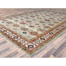 Load image into Gallery viewer, 10&#39;x13&#39;6&quot; Light Gray, Afghan Super Kazak with Geometric Medallions, Natural Dyes Densely Woven, Extra Soft Wool Hand Knotted, Oriental Rug FWR493668