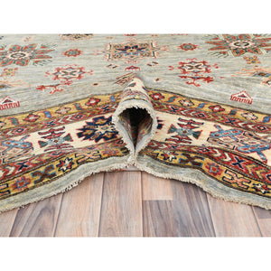 10'x13'6" Light Gray, Afghan Super Kazak with Geometric Medallions, Natural Dyes Densely Woven, Extra Soft Wool Hand Knotted, Oriental Rug FWR493668