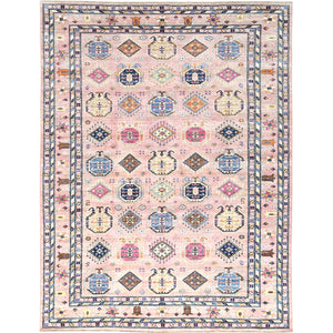 8'10"x12' Blush Pink, Dense Weave Organic Wool, Hand Knotted Afghan Super Kazak with Tribal Geometric Medallions, Vegetable Dyes, Oriental Rug FWR493734