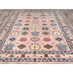 8'10"x12' Blush Pink, Dense Weave Organic Wool, Hand Knotted Afghan Super Kazak with Tribal Geometric Medallions, Vegetable Dyes, Oriental Rug FWR493734