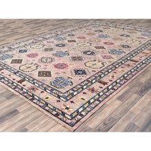 Load image into Gallery viewer, 8&#39;10&quot;x12&#39; Blush Pink, Dense Weave Organic Wool, Hand Knotted Afghan Super Kazak with Tribal Geometric Medallions, Vegetable Dyes, Oriental Rug FWR493734