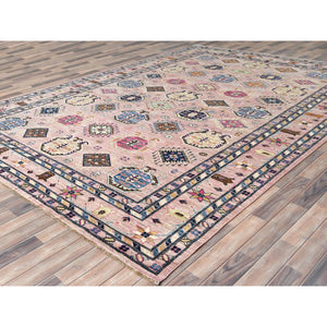 8'10"x12' Blush Pink, Dense Weave Organic Wool, Hand Knotted Afghan Super Kazak with Tribal Geometric Medallions, Vegetable Dyes, Oriental Rug FWR493734