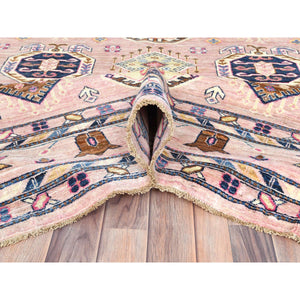 8'10"x12' Blush Pink, Dense Weave Organic Wool, Hand Knotted Afghan Super Kazak with Tribal Geometric Medallions, Vegetable Dyes, Oriental Rug FWR493734