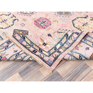 8'10"x12' Blush Pink, Dense Weave Organic Wool, Hand Knotted Afghan Super Kazak with Tribal Geometric Medallions, Vegetable Dyes, Oriental Rug FWR493734