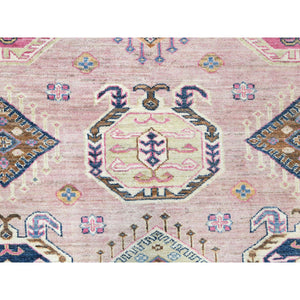 8'10"x12' Blush Pink, Dense Weave Organic Wool, Hand Knotted Afghan Super Kazak with Tribal Geometric Medallions, Vegetable Dyes, Oriental Rug FWR493734