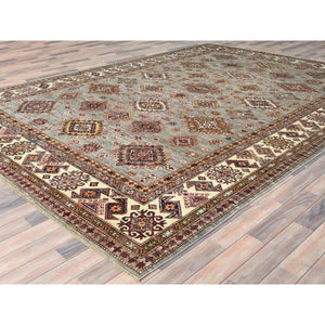 9'x12'4" Stone Gray, Dense Weave Extra Soft Wool, Hand Knotted Afghan Super Kazak with Geometric Medallions, Vegetable Dyes, Oriental Rug FWR493878