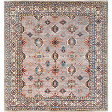Load image into Gallery viewer, 9&#39;9&quot;x9&#39;9&quot; Silver Pink, Afghan Super Kazak with Geometric Medallions, Vegetable Dyes Dense Weave, Organic Wool Hand Knotted, Square Oriental Rug FWR493914