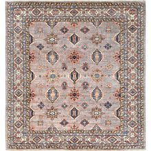 Load image into Gallery viewer, 9&#39;9&quot;x9&#39;9&quot; Silver Pink, Afghan Super Kazak with Geometric Medallions, Vegetable Dyes Dense Weave, Organic Wool Hand Knotted, Square Oriental Rug FWR493914