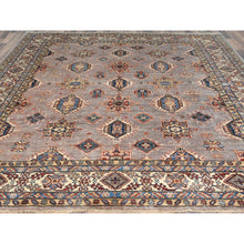 Load image into Gallery viewer, 9&#39;9&quot;x9&#39;9&quot; Silver Pink, Afghan Super Kazak with Geometric Medallions, Vegetable Dyes Dense Weave, Organic Wool Hand Knotted, Square Oriental Rug FWR493914