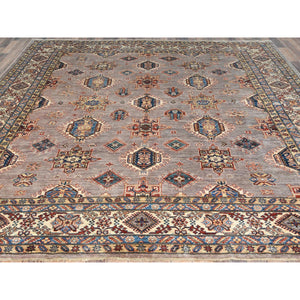 9'9"x9'9" Silver Pink, Afghan Super Kazak with Geometric Medallions, Vegetable Dyes Dense Weave, Organic Wool Hand Knotted, Square Oriental Rug FWR493914