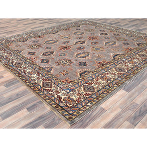 9'9"x9'9" Silver Pink, Afghan Super Kazak with Geometric Medallions, Vegetable Dyes Dense Weave, Organic Wool Hand Knotted, Square Oriental Rug FWR493914