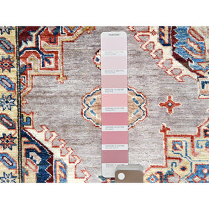 9'9"x9'9" Silver Pink, Afghan Super Kazak with Geometric Medallions, Vegetable Dyes Dense Weave, Organic Wool Hand Knotted, Square Oriental Rug FWR493914