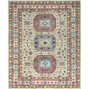 8'x9'6" Cream, Afghan Super Kazak with Large Medallions, Vegetable Dyes Dense Weave, Extra Soft Wool Hand Knotted, Oriental Rug FWR493938