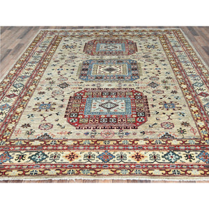 8'x9'6" Cream, Afghan Super Kazak with Large Medallions, Vegetable Dyes Dense Weave, Extra Soft Wool Hand Knotted, Oriental Rug FWR493938