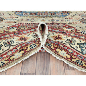 8'x9'6" Cream, Afghan Super Kazak with Large Medallions, Vegetable Dyes Dense Weave, Extra Soft Wool Hand Knotted, Oriental Rug FWR493938