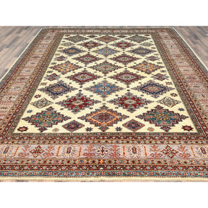 9'3"x12' Ivory, Afghan Super Kazak with Geometric Medallions, Natural Dyes Densely Woven, Natural Wool Hand Knotted, Oriental Rug FWR494280