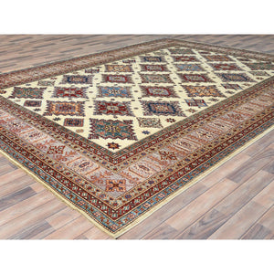 9'3"x12' Ivory, Afghan Super Kazak with Geometric Medallions, Natural Dyes Densely Woven, Natural Wool Hand Knotted, Oriental Rug FWR494280