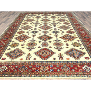 9'2"x12' Ivory, Densely Woven Organic Wool, Hand Knotted Afghan Super Kazak with Geometric Medallions, Natural Dyes, Oriental Rug FWR494304
