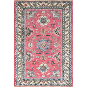 6'x8'9" Taffy Pink, Natural Wool Hand Knotted, Afghan Super Kazak with Large Medallions, Natural Dyes Densely Woven, Oriental Rug FWR494340