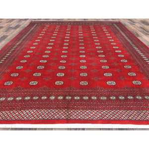 12'x15' Deep and Rich Red, Hand Knotted Mori Bokara with Geometric Medallions Design, Extra Soft Wool, Oversized Oriental Rug FWR494358