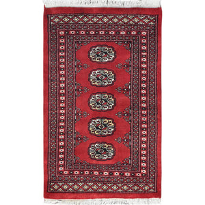 2'x3'4" Deep and Rich Red, Hand Knotted Mori Bokara with Geometric Medallions Design, Natural Wool, Mat Oriental Rug FWR494430
