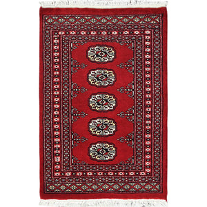 2'1"x3'2" Deep and Rich Red, Mori Bokara with Geometric Medallions Design, Soft Wool Hand Knotted, Mat Oriental Rug FWR494472