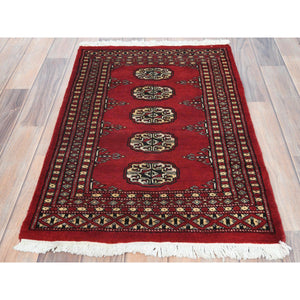 2'x3' Deep and Rich Red, Mori Bokara with Geometric Medallions Design, Extra Soft Wool Hand Knotted, Mat Oriental Rug FWR494478
