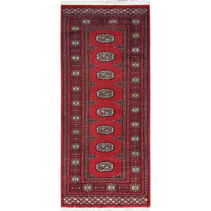 2'7"x5'10" Deep and Rich Red, Hand Knotted Mori Bokara with Geometric Medallions Design, Extra Soft Wool, Runner Oriental Rug FWR494568
