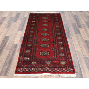 2'7"x5'10" Deep and Rich Red, Hand Knotted Mori Bokara with Geometric Medallions Design, Extra Soft Wool, Runner Oriental Rug FWR494568