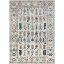 Load image into Gallery viewer, 10&#39;x14&#39; Silver Blue, Natural Dyes Densely Woven, Pure Wool Hand Knotted, Afghan Super Kazak with Repetitive Tree Design, Oriental Rug FWR494616