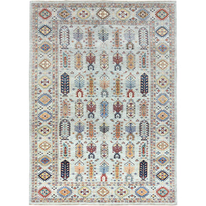 10'x14' Silver Blue, Natural Dyes Densely Woven, Pure Wool Hand Knotted, Afghan Super Kazak with Repetitive Tree Design, Oriental Rug FWR494616