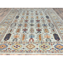 Load image into Gallery viewer, 10&#39;x14&#39; Silver Blue, Natural Dyes Densely Woven, Pure Wool Hand Knotted, Afghan Super Kazak with Repetitive Tree Design, Oriental Rug FWR494616