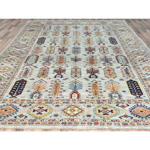 10'x14' Silver Blue, Natural Dyes Densely Woven, Pure Wool Hand Knotted, Afghan Super Kazak with Repetitive Tree Design, Oriental Rug FWR494616