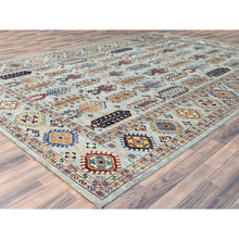 Load image into Gallery viewer, 10&#39;x14&#39; Silver Blue, Natural Dyes Densely Woven, Pure Wool Hand Knotted, Afghan Super Kazak with Repetitive Tree Design, Oriental Rug FWR494616