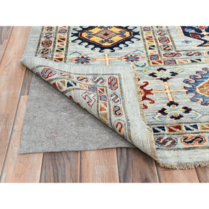 10'x14' Silver Blue, Natural Dyes Densely Woven, Pure Wool Hand Knotted, Afghan Super Kazak with Repetitive Tree Design, Oriental Rug FWR494616