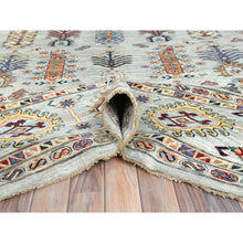 Load image into Gallery viewer, 10&#39;x14&#39; Silver Blue, Natural Dyes Densely Woven, Pure Wool Hand Knotted, Afghan Super Kazak with Repetitive Tree Design, Oriental Rug FWR494616