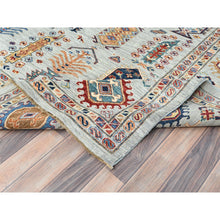 Load image into Gallery viewer, 10&#39;x14&#39; Silver Blue, Natural Dyes Densely Woven, Pure Wool Hand Knotted, Afghan Super Kazak with Repetitive Tree Design, Oriental Rug FWR494616