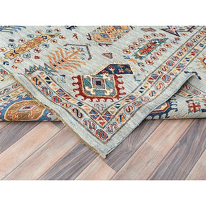 10'x14' Silver Blue, Natural Dyes Densely Woven, Pure Wool Hand Knotted, Afghan Super Kazak with Repetitive Tree Design, Oriental Rug FWR494616